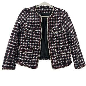 Zara Size M Tweed Jacket Open Front Preppy Red Navy Blue Textured Boucle Blazer